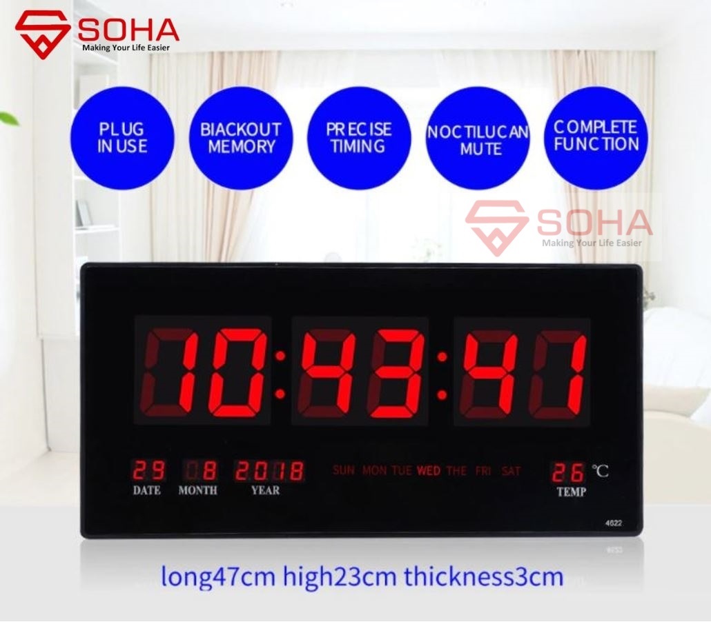 JD- 4622 LED Merah Jam Dinding Digital Layar Besar 47 x 23 cm LED CLOCK WALL Dinding / Meja Smart Watch Kalender & Alarm