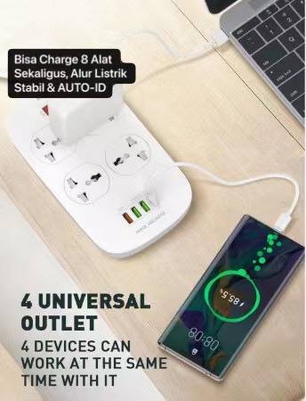 LH4407 Stop Kontak 4 Power Socket 4 USB Port Design Seperti LDNIO Colokan Listrik Universal Auto ID Quick Charge.