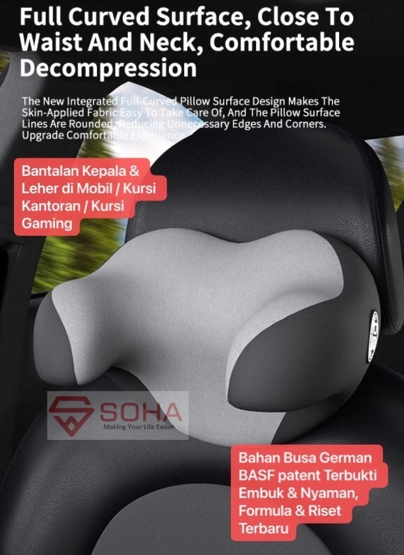 AM-01 Abu-abu Headrest Anti Pegal Bantal Sandaran Kepala Kursi Mobil Berbentuk U Bahan Busa Lumbar Kapas Lembut Nyaman di Leher & Kepala