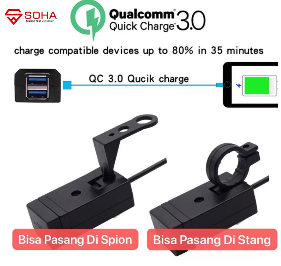 MLD-005 Charger Motor Cas 3.0 QC WaterProof Pasang Stang Spion Casan HP Aki Motorcycle Fast Charging Dual USB Output 3.0 Qualcomm QC dan 3.1A MLD-3031