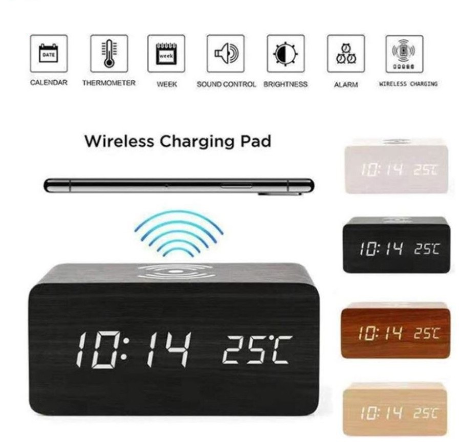 JD-06 Hitam Wireless Charging Jam Kayu Digital Led Weker / Wooded Alarm LED Clock Waker Suhu temperature date Tanggal Jam Meja Kerja