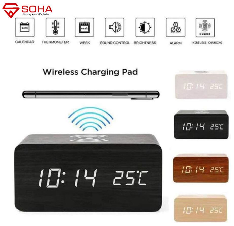 JD-06 Hitam Wireless Charging Jam Kayu Digital Led Weker / Wooded Alarm LED Clock Waker Suhu temperature date Tanggal Jam Meja Kerja