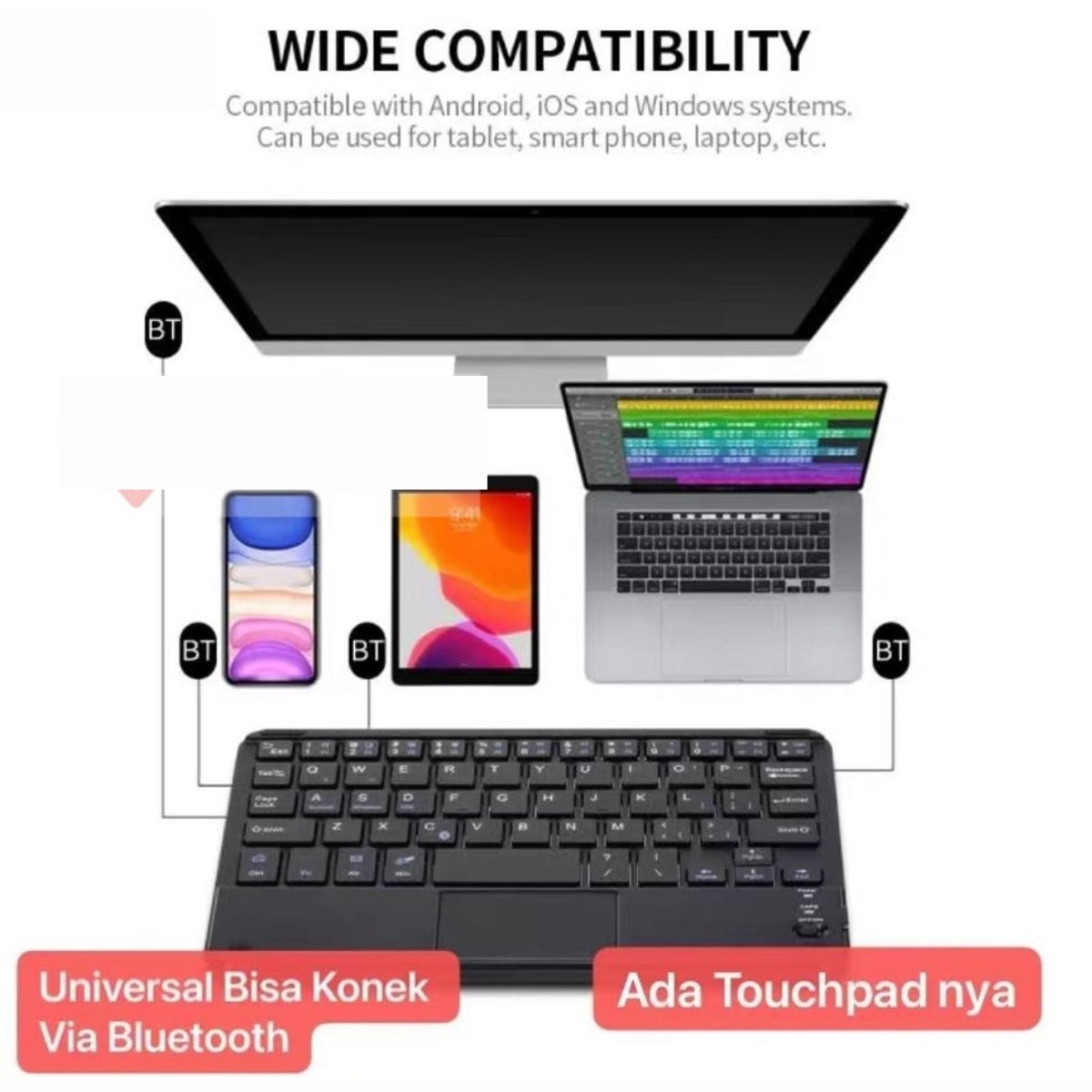 KYB-023 Keyboard Portable Ada Touchpad 7 - 8 INCH Universal Bluetooth Tablet for Windows Smartphone Samsung Huawei Android IOS Ipad Rechargeable