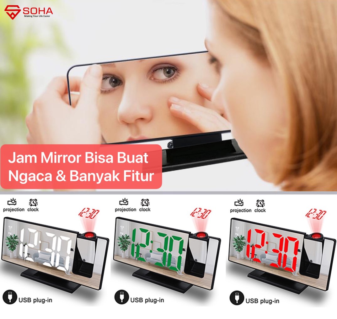 JD-08 LED Hijau Jam Digital Ada Proyektor / Jam Alarm Mirror Dengan Layar LED Besar Fitur Snooze Ada Suhu & Kalender Bisa jadikan Cermin