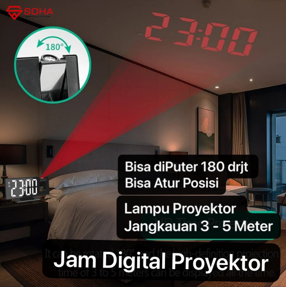 JD-08 LED Putih Jam Digital Ada Proyektor / Jam Alarm Mirror Dengan Layar LED Besar Fitur Snooze Ada Suhu & Kalender Bisa jadikan Cermin