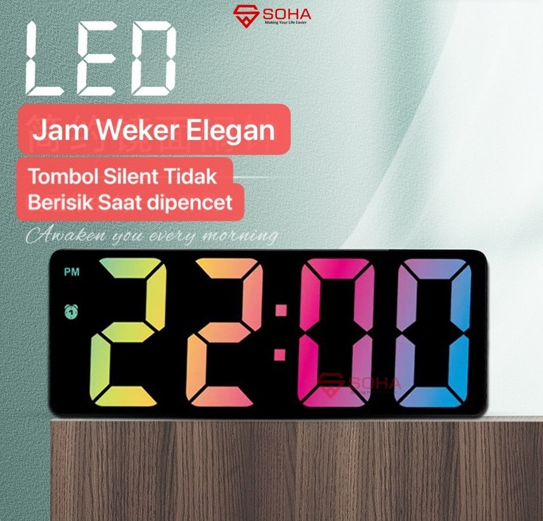 JD-09 Jam Digital LED Warna Rainbow / Jam Alarm Design Simple & Elegan Ukuran Pas Dengan Layar LED Besar Fitur Snooze Ada Suhu & Kalender