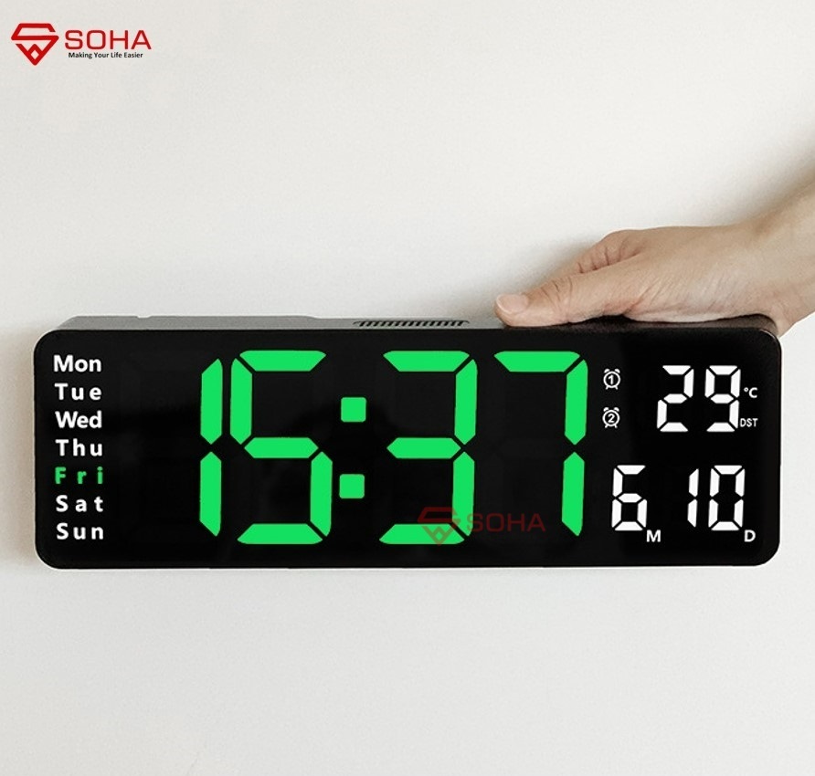 JD-6629 13 Inch Hijau Jam Digital LED Besar Tampilan Jelas Dinding / Kalender Alarm Clock Weker Timer Countdown Smart Watch Suhu Temperatur