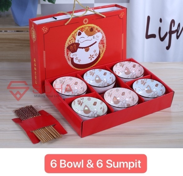 ART-057 6 Bowl Lucky Cat Hampers Imlek Kado Natal Souvenir Gift Hadiah Ceramic Tableware Set Mangkok Sumpit Keramik Tahun Baru Chineses New Year