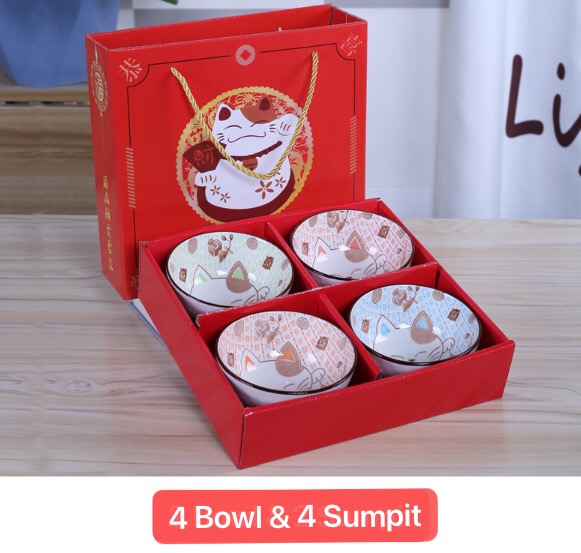 ART-057 4 Bowl Lucky Cat Hampers Imlek Kado Natal Souvenir Gift Hadiah Bowl Ceramic Tableware Set Mangkok Sumpit Keramik Tahun Baru Chineses New Year