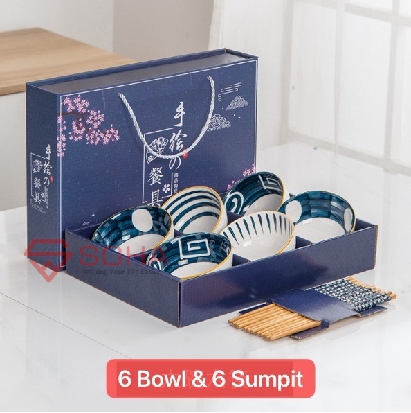 ART-057 6 Bowl Japanese Hampers Imlek Kado Natal Souvenir Gift Hadiah Ceramic Tableware Set Mangkok Sumpit Keramik Tahun Baru Chineses New Year