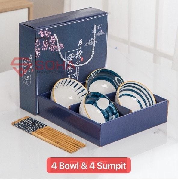 ART-057 4 Bowl Japanese Hampers Imlek Kado Natal Souvenir Gift Hadiah Bowl Ceramic Tableware Set Mangkok Sumpit Keramik Tahun Baru Chineses New Year