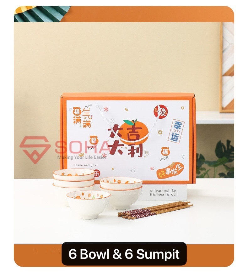 ART-057 6 Bowl Lucky Orange Hampers Imlek Kado Natal Souvenir Gift Hadiah Ceramic Tableware Set Mangkok Sumpit Keramik Tahun Baru Chineses New Year