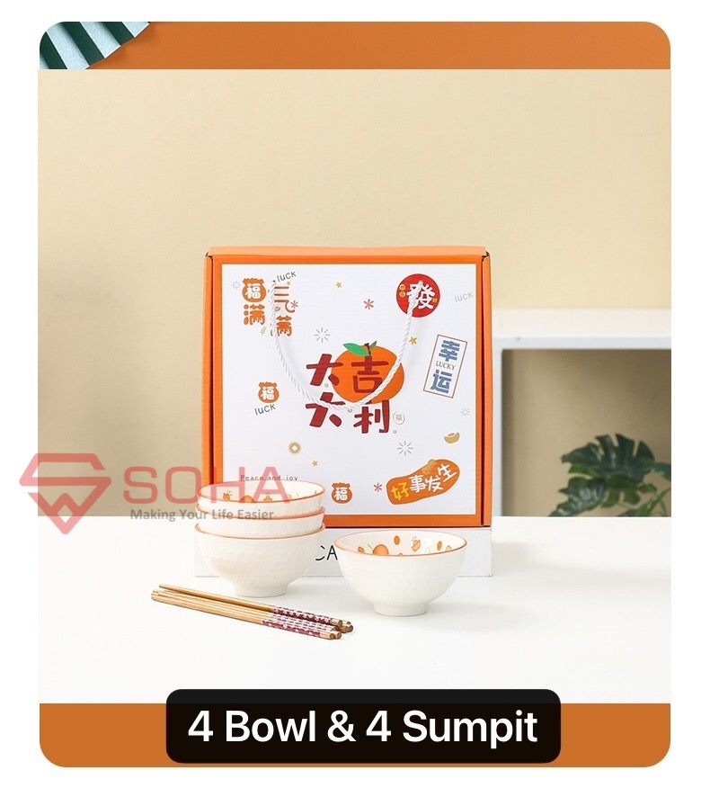 ART-057 4 Bowl Lucky Orange Hampers Imlek Kado Natal Souvenir Gift Hadiah Ceramic Tableware Set Mangkok Sumpit Keramik Tahun Baru Chineses New Year