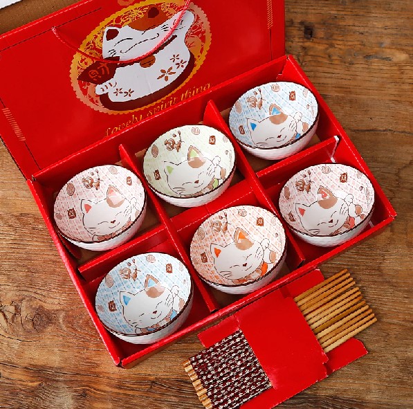 ART-057 6 Bowl Lucky Cat Hampers Imlek Kado Natal Souvenir Gift Hadiah Ceramic Tableware Set Mangkok Sumpit Keramik Tahun Baru Chineses New Year