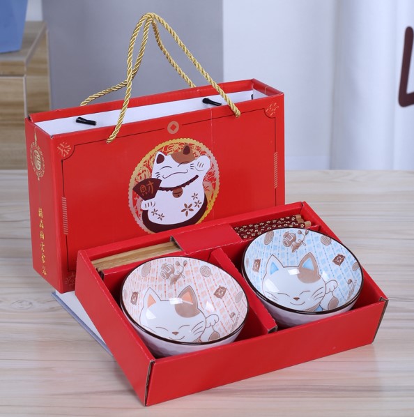 ART-057 2 Bowl Lucky Cat Hampers Imlek Kado Natal Souvenir Gift Hadiah Ceramic Tableware Set Mangkok Sumpit Keramik Tahun Baru Chineses New Year