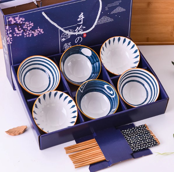 ART-057 6 Bowl Japanese Hampers Imlek Kado Natal Souvenir Gift Hadiah Ceramic Tableware Set Mangkok Sumpit Keramik Tahun Baru Chineses New Year