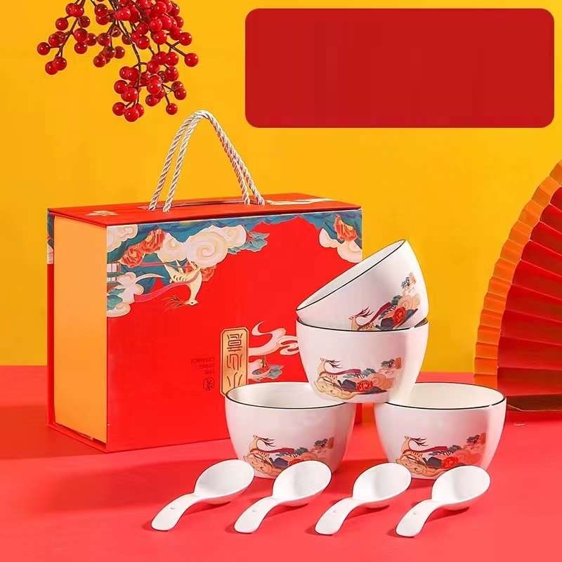 ART-057 4 Bowl Rusa Sendok Hampers Imlek Kado Natal Souvenir Gift Hadiah Ceramic Tableware Set Mangkok Sumpit Keramik Tahun Baru Chineses New Year