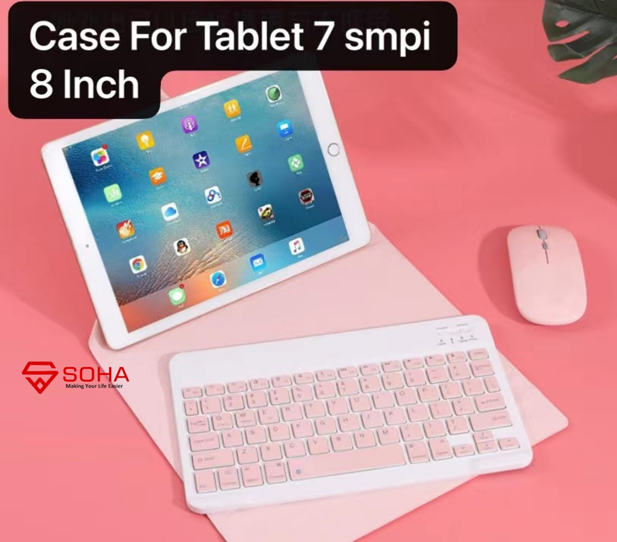 SK-08 Pink Keyboard Case Universal for Tablet Sarung Keyboard Wireless Bluetooth Leather Case Tablet Folio Ukuran 7 - 8 Inch Design Cover Warna Warni