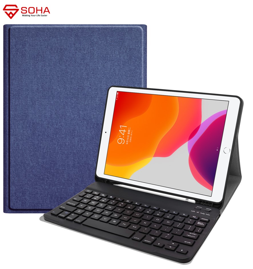 SK-09 Navy Case Ipad 7 2019 Ipad 8 th 9 th 2021 2020 10.2 Inch Air 3 10.5 Inch Leather Case Wireless Bluetooth FLIP COVER Sarung Keyboard Pen Slot