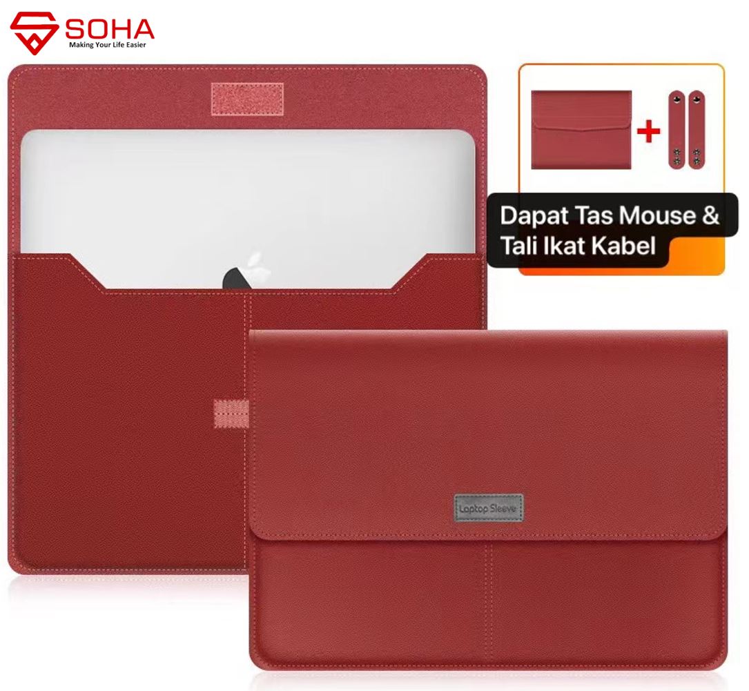 LC-06 SOHA 13 - 14 Inch Merah Marun Case Sleeve PREMIUM PU LEATHER Kulit Tas For Mac MACBOOK Air Sarung LAPTOP Skin Pro