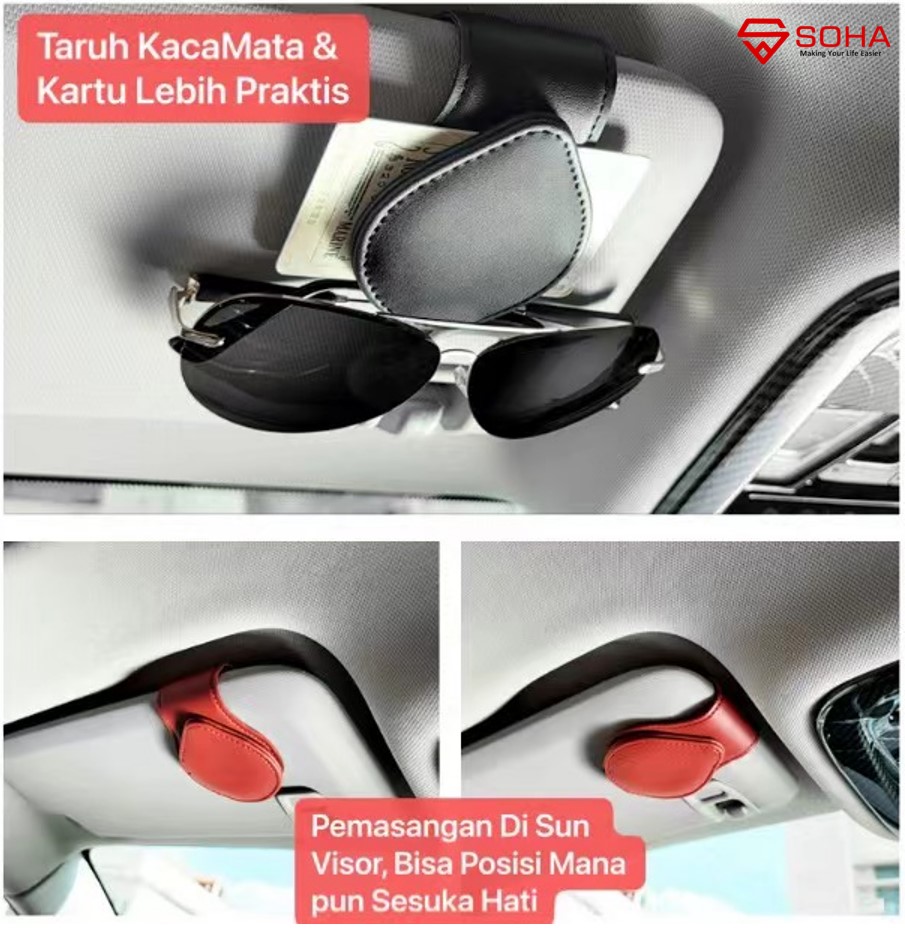 Am-42 Gantungan Kacamata Mobil Klip Kartu Etoll Car Sun Visor holder Car Sunglasses Hanger Bahan Kulit PU Kualitas Premium