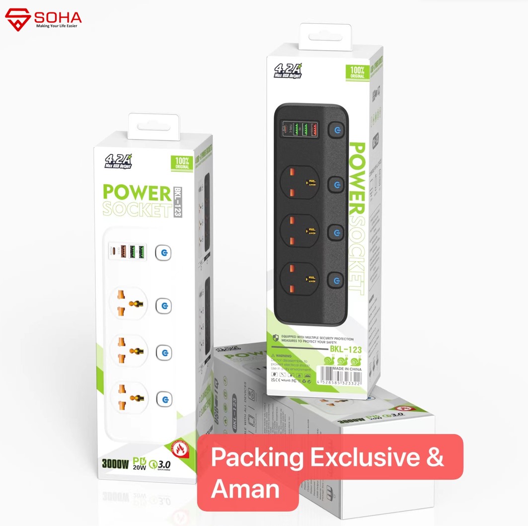 SOHA BKL-123 Hitam Stop Kontak / Power Socket Timer Ada 4 USB Port 3.4A & Qualcomm Multi Port & 1 Port Type C PD 18W