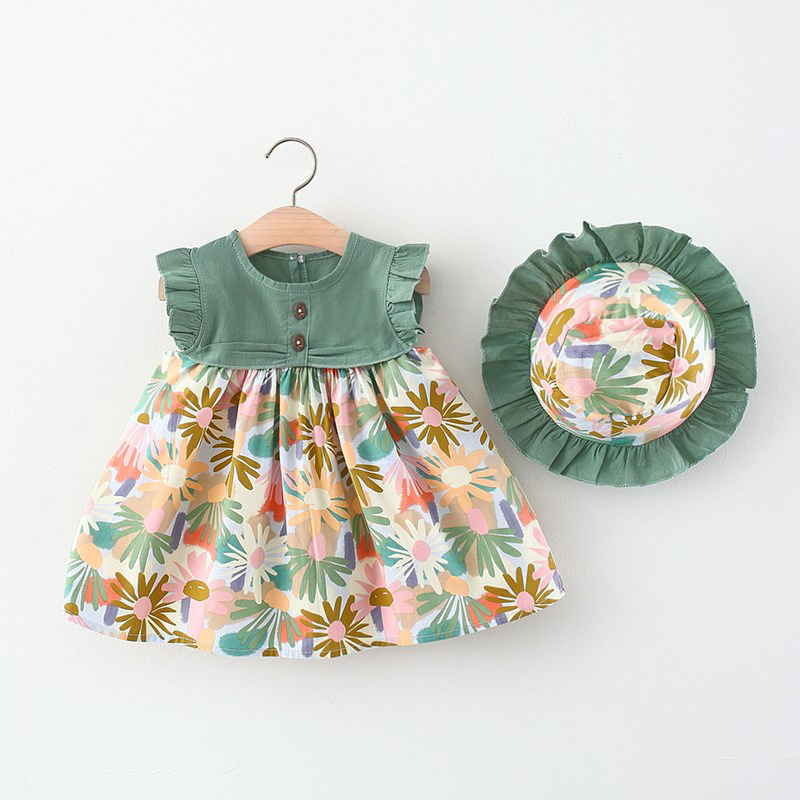 BY-02 Button Hijau Dress Bayi Free Topi / Gaun bayi Gratis Topi / Baju Anak Perempuan Import Premium Korea