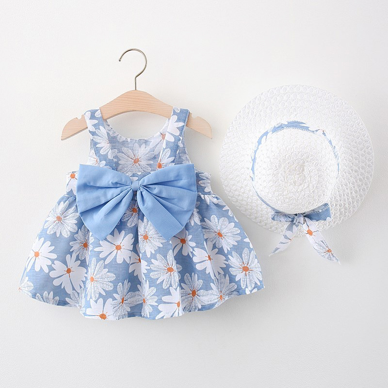 BY-05 Dress Biru Bayi Pita Bunga Dress Bayi Free Topi / Gaun bayi / Baju Anak Perempuan Import Premium Korea