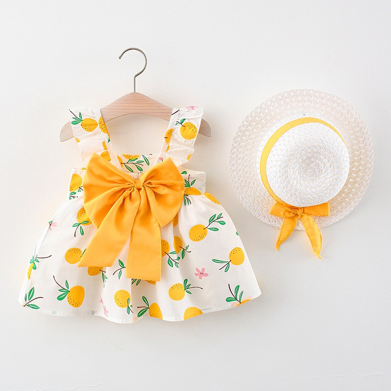 BY-06 Motif Lemon Dress Bayi Design Dengan Pita Besar Free Topi / Gaun Baju Anak Perempuan Import Premium Korea Design Sangat Imut dan Lucu Sekali