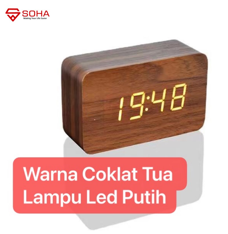 JD-07 Coklat Tua Jam Meja Motif Kayu Digital Led Weker / Desain Size Mini Motif Wood Alarm LED Clock Waker Suhu temperature date Tanggal Jam Kerja