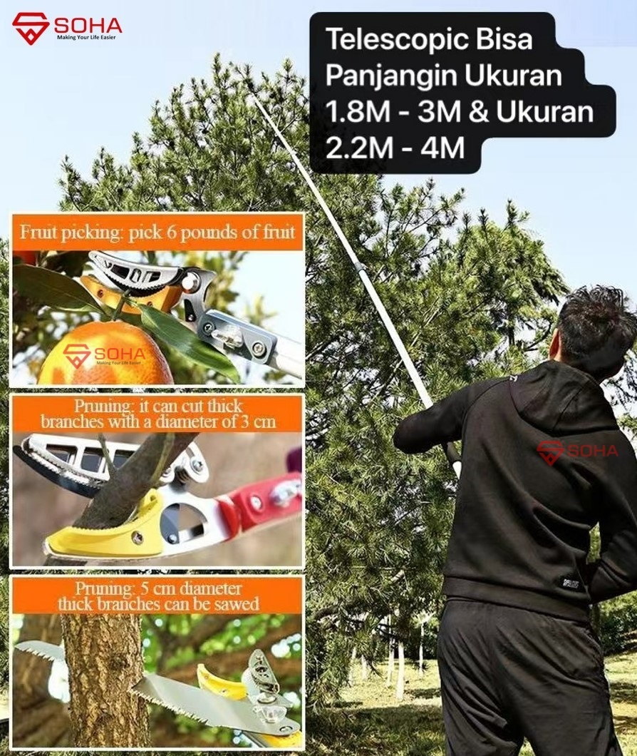 PCK-09 2.2 - 4 Meter Alat Tongkat Pemetik Buah Panjang Telescopik Pemangkasan Ranting Pohon Gergaji Tree Pruner Saw Blade Gunting Petik Buah Tinggi