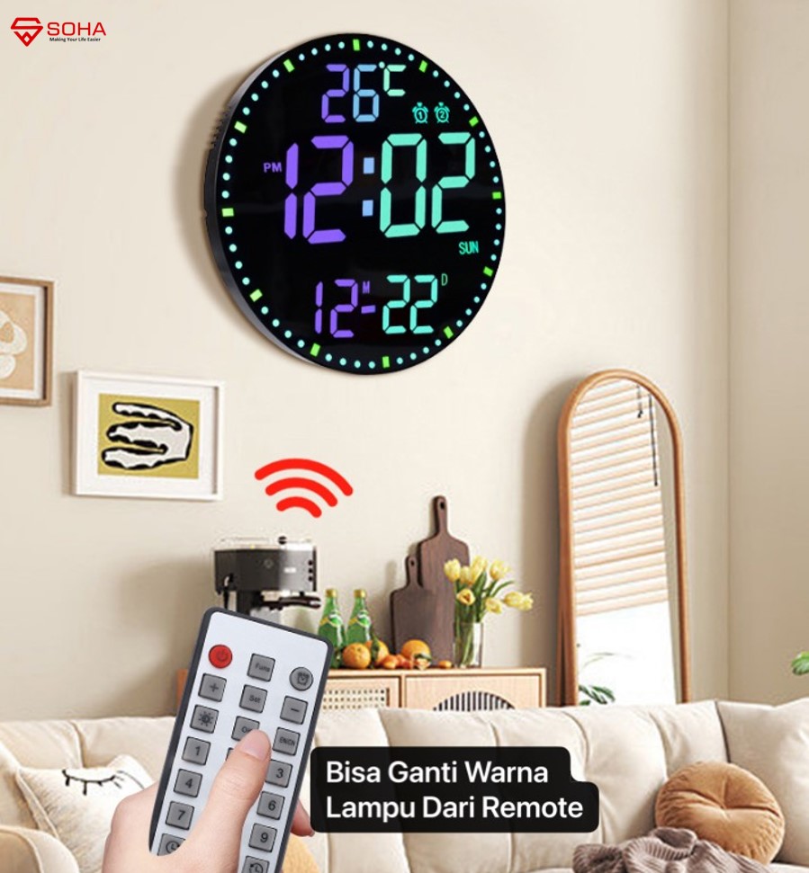 JD-14 SOHA Jam Digital LED Besar 11 Inch Alarm Free Remote Control Warna Lampu Bisa Di Atur