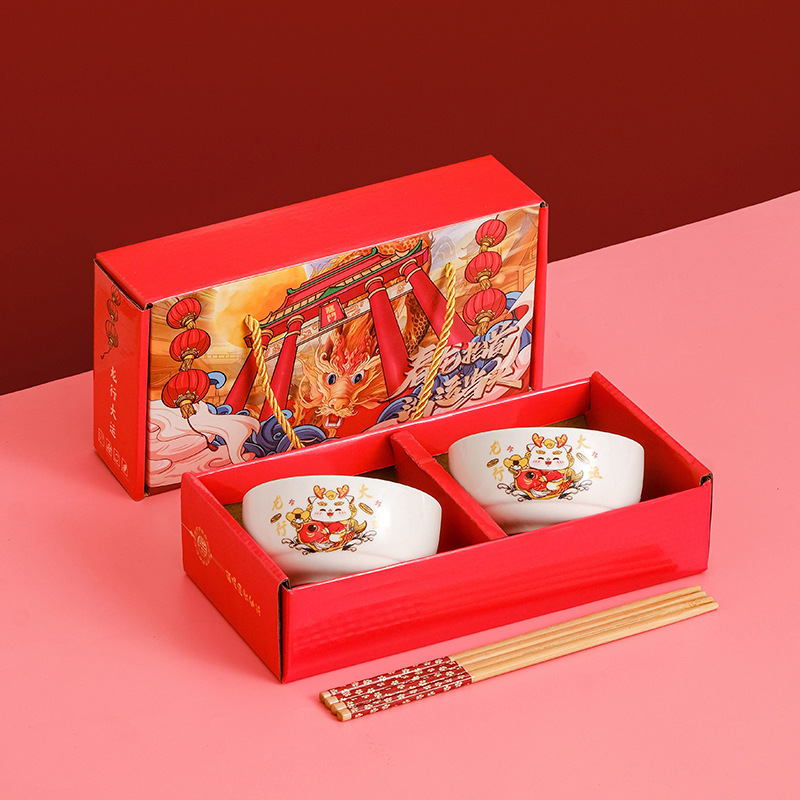 ART-057 2 Bowl Naga B Hampers Imlek Kado Natal Souvenir Gift Hadiah Ceramic Tableware Set Mangkok Sumpit Keramik Tahun Baru Chineses New Year