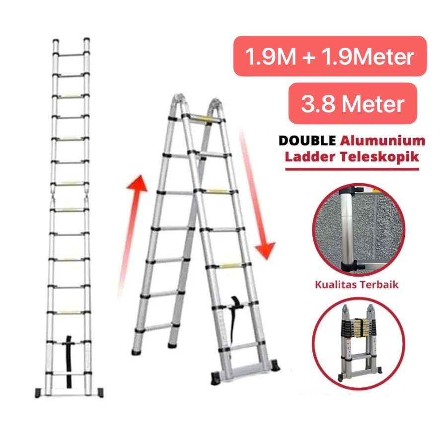 ART-073 1,9 Meter - 3,8 Meter Tangga Lipat Teleskopik Double Side Telescopic Aluminium Ladder Bisa Dijadikan Tangga 1 Sisi 3,8 Meter