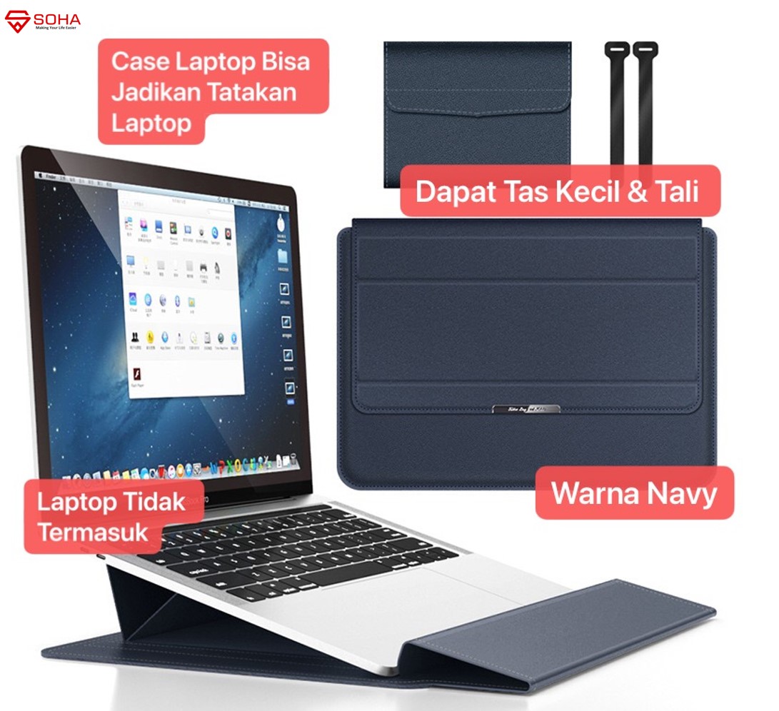 LC-01 Navy 13 - 14 Inch Case Stand Sleeve PREMIUM PU LEATHER Kulit MACBOOK Air Sarung LAPTOP Skin Pro