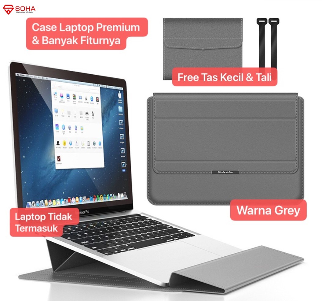 LC-01 Grey 13 - 14 Inch Case Stand Sleeve PREMIUM PU LEATHER Kulit MACBOOK Air Sarung LAPTOP Skin Pro