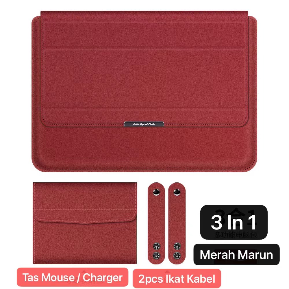 LC-01 Merah 13 - 14 Inch Case Stand Sleeve PREMIUM PU LEATHER Kulit MACBOOK Air Sarung LAPTOP Skin Pro