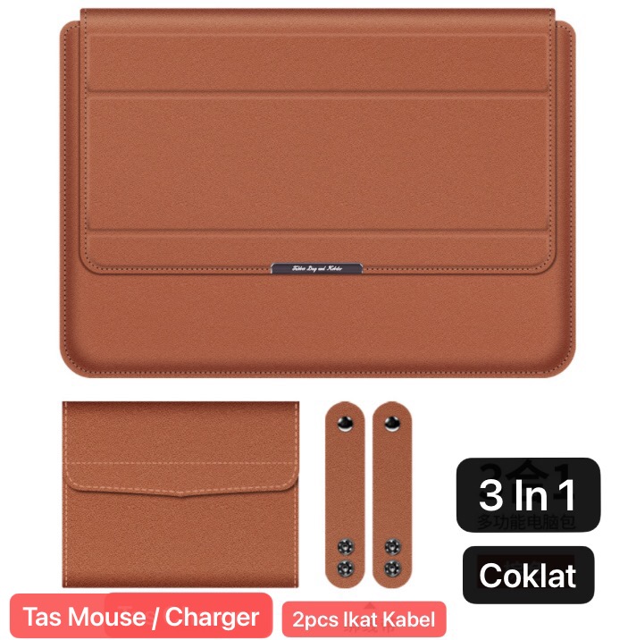 LC-01 Coklat 13 - 14 Inch Case Stand Sleeve PREMIUM PU LEATHER Kulit MACBOOK Air Sarung LAPTOP Skin Pro