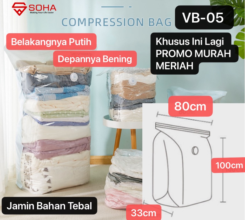 VB-05 Putih 80 x 100 x 33CM Plastik Vakum Baju Plastic Vacuum Storage Compression Clothes Laundry Travel Bag Kompresi Simpan Seprei Selimut Pakaian