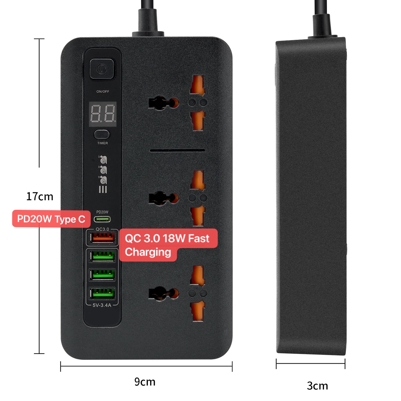 BKL-04 PD Hitam Power Socket usb Fast Charging Stop Kontak Charger Timer Digital Type C PD Fast Charger QualComm Multi Port International