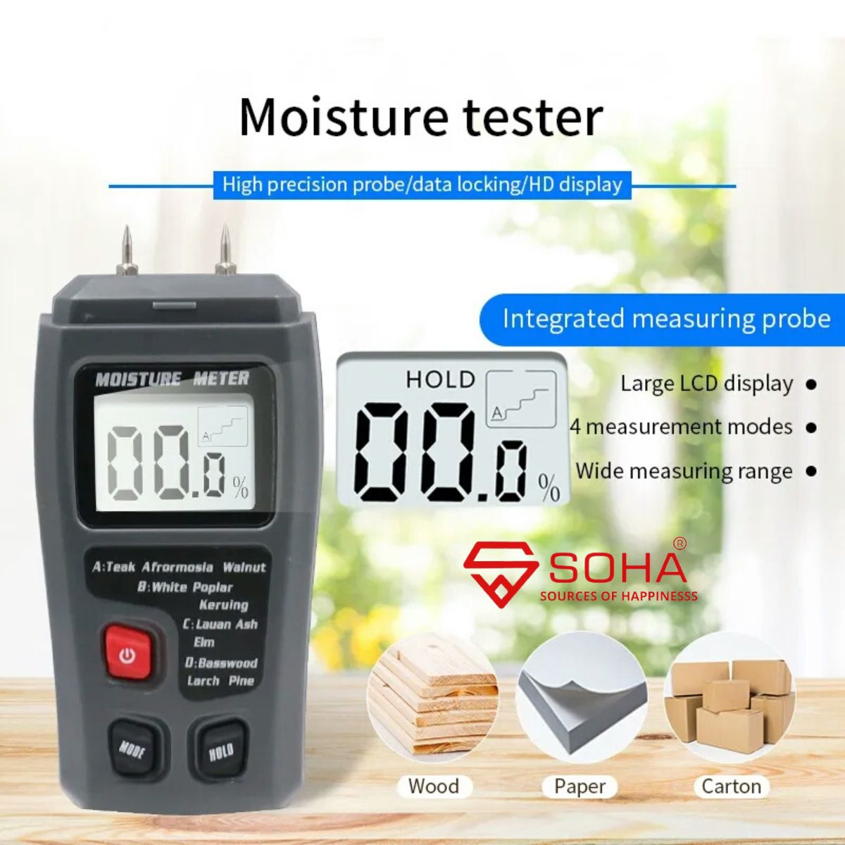 TK-17 Alat Ukur Kelembaban Kadar Air Wood Digital Moisture Meter Kayu Kertas Kadar Air Paper LCD Display