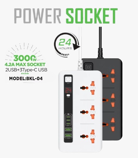 BKL-04 4.2A 3 Port Type C Putih Power Socket Stop Kontak Waktu Charger Timer Digital Type C PD Multi Port International