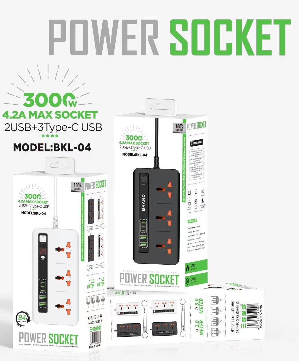 BKL-04 4.2A 3 Port Type C Hitam Power Socket Stop Kontak Waktu Charger Timer Digital Type C PD Multi Port International