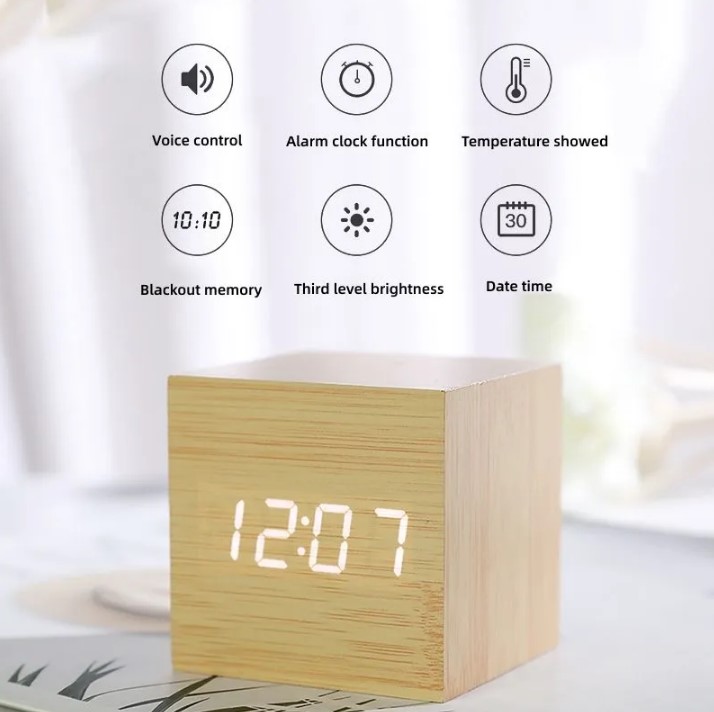 JD-11 Coklat Muda Jam Kayu Digital LED Jam Weker Desain Mini Motif Kayu Wooden Clock Jam Meja Alarm Suhu temperature date Tanggal Jam Kerja Jam Waker