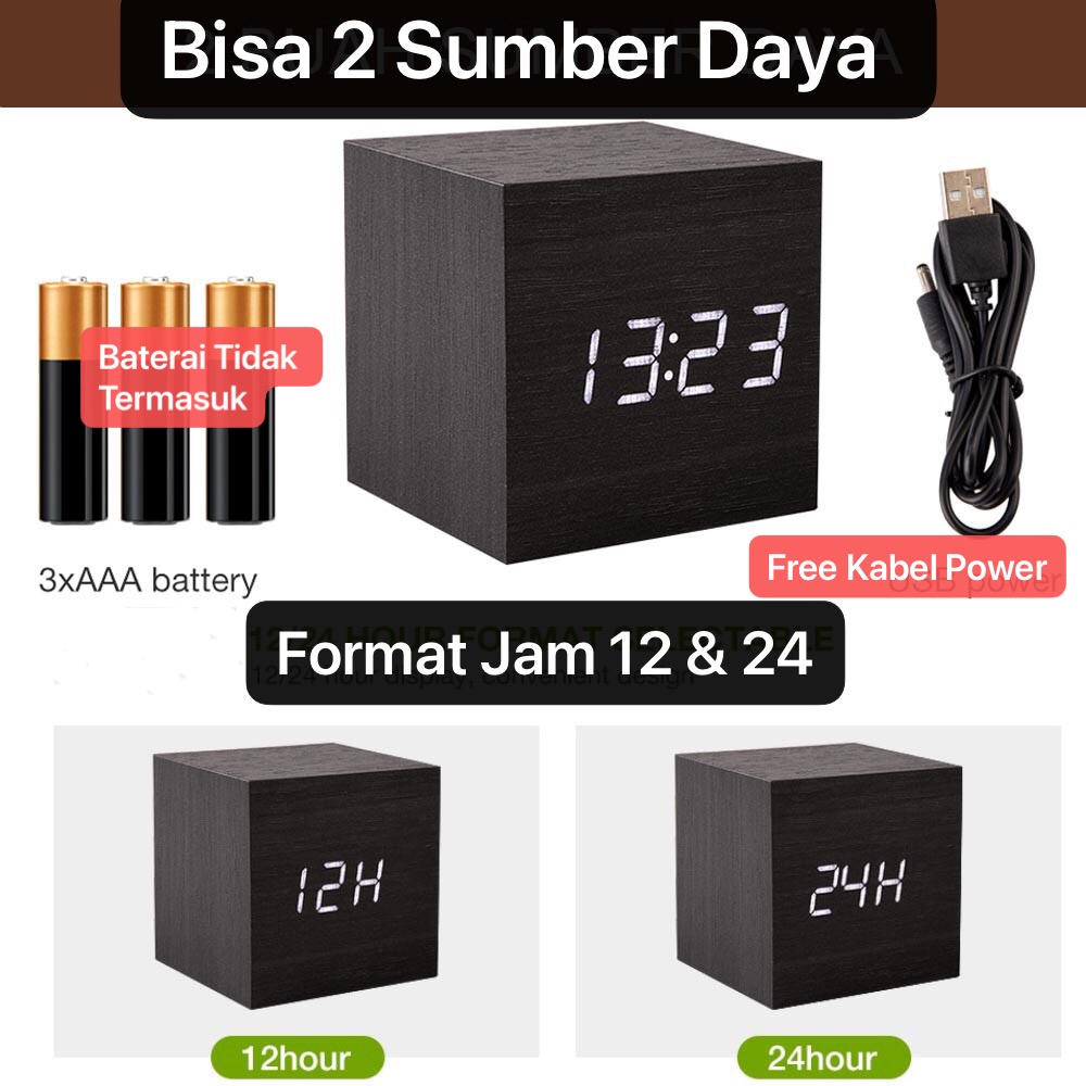 JD-11 Hitam Jam Kayu Digital LED Jam Weker Desain Mini Motif Kayu Wooden Clock Jam Meja Alarm Suhu temperature date Tanggal Jam Kerja Jam Waker