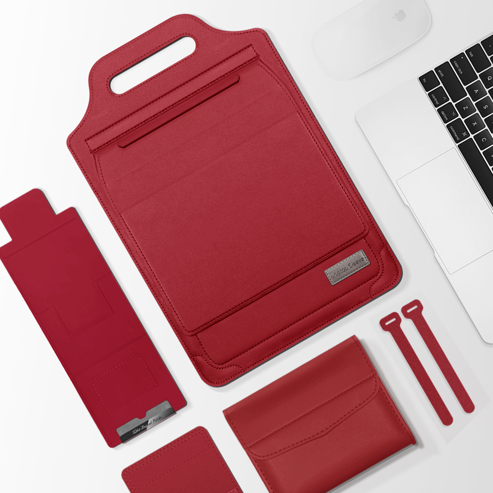 LC-08 Merah 13 - 14 Inch Premium Leather Sleeve Case With Handstrap Kick Stand Mousepad Sleek Tas for Laptop Notebook for Macbook 13 14 Inch
