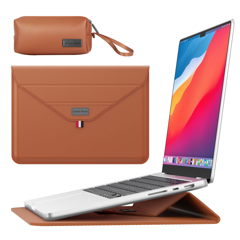 LC-09 Coklat 13 - 14 Inch Sleeve PU Leather Notebook for Macbook Sarung Kulit PU EasyStand Sleeve Tas Laptop Universal for Asus Acer