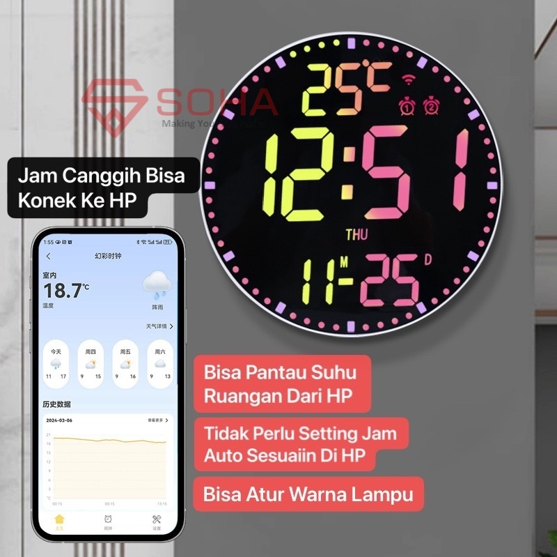 JD-17 Jam Dinding Digital Warna RGB Bisa Konek HP Wifi 12 / 24 Jam Hari Tanggal Suhu Temperator Alarm