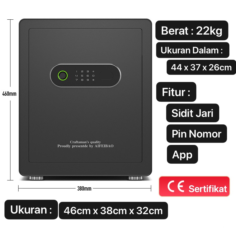 ART-070 Hitam Brankas Besi Pinter Digital Sidik Jari Double Unlocking Safe Box Digital Brangkas Besar Tinggi 46cm