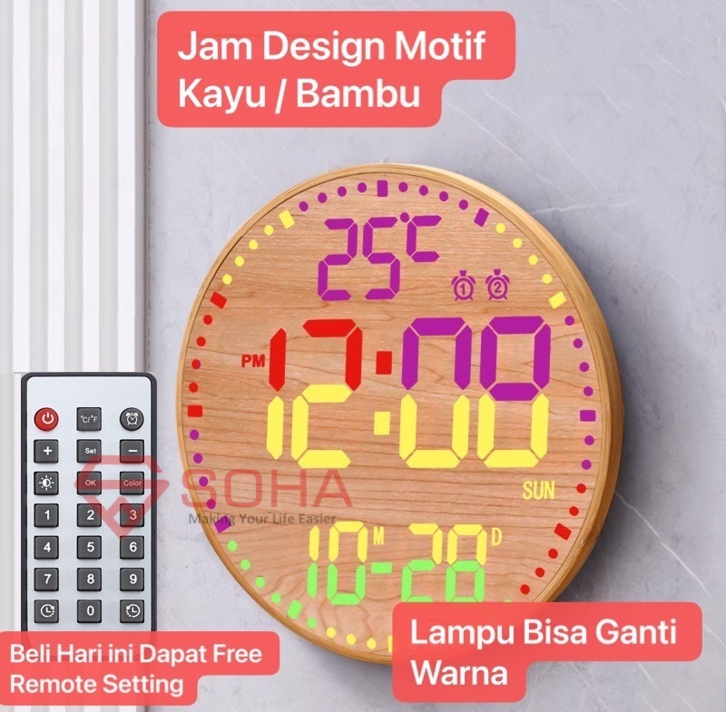 JD-16 SOHA Jam Digital Design Motif Kayu LED RGB Besar 11 Inch Alarm Free Remote Control Warna Lampu Bisa Di Atur